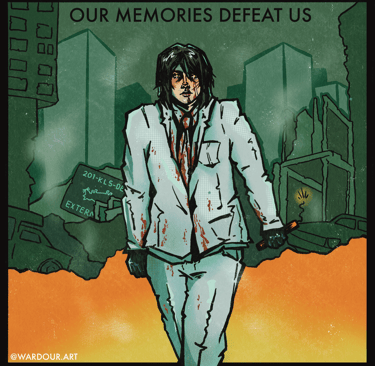 A comic-style illustration of Gerard Way in a bloody white suit, crumbling city behind, text says 'our memories defeat us'.