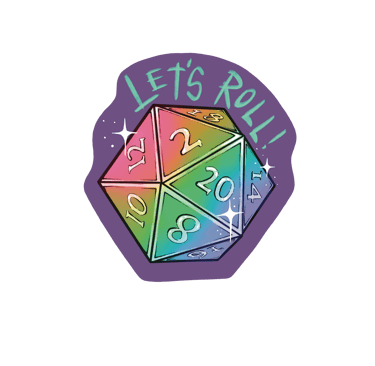 An illustration of a D20 die in rainbow colours, text says 'Let's Roll'.