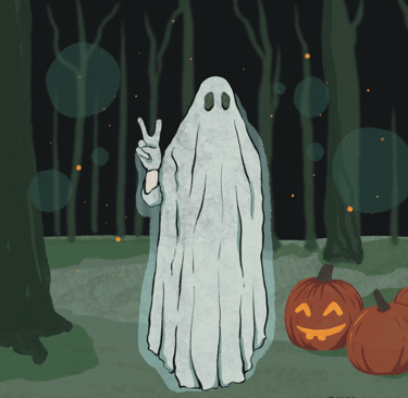 An illustration of a ghost doing a peace sign, next to some jack-o-lanterns, in a forest.