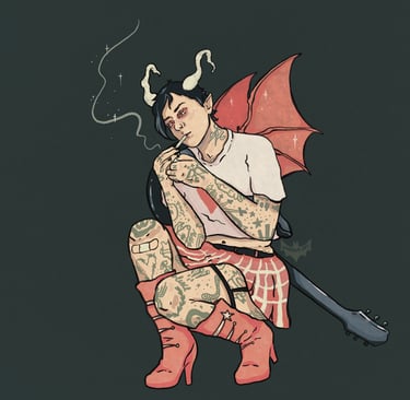 An illustration of an androgynous tiefling humanoid, with horns, batwings, wearing a skirt, tattooed, crouching to smoke.