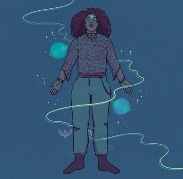An illustration of a black woman with shoulder-length natural hair, a third eye on her forehead, surrounded by planets.