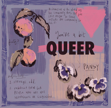 An illustration of peaches and pansies and a pink triangle, text says, 'you're a bit queer, pansy, fruity'.