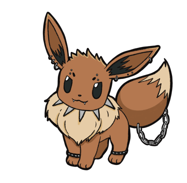 An illustration of Eevee but with punk aesthetics, they are wearing a spiked collar and chain, with piercings.