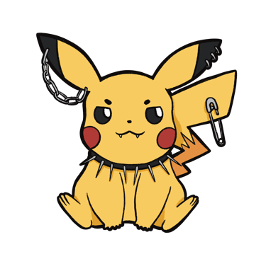 An illustration of Pikachu, but with punk aesthetics, they are wearing a spiked collar, earrings, and a safety pin.