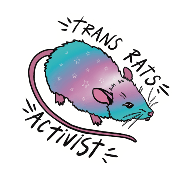 An illustration of a rat in the trans flag colours, text says 'trans rats activist'.