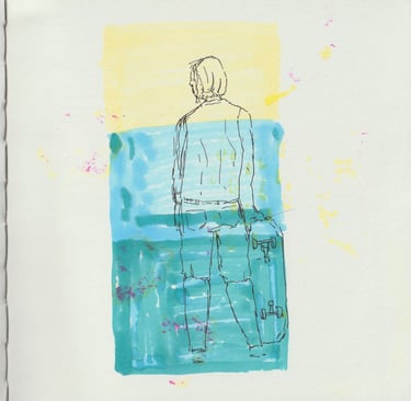 Pen drawing of an androgynous person standing holding a skateboard,