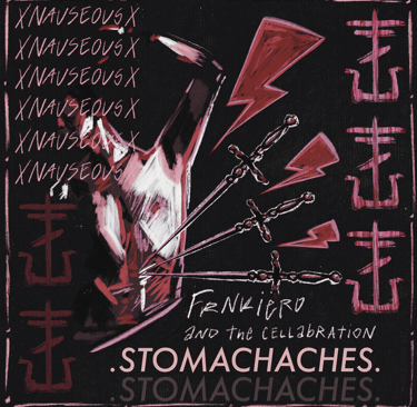 An illustration of a masculine figure with three swords pointing to the belly, text says, 'Frank Iero, Stomachaches'.