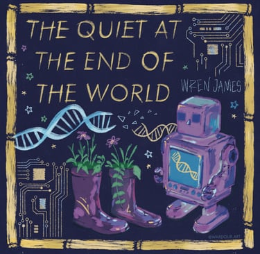 An illustration of a toy robot, & welly boots with plants, text says, 'the quiet at the end of the world, Wren James'. 