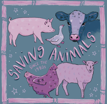 An illustration of a pig, a goose, a cow, chicken and sheep, text says, 'saving animals since the 1980s'.