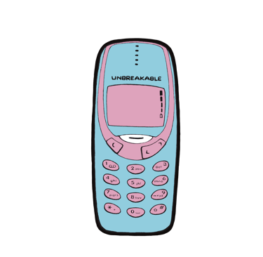 An illustration of an old nokia-style brick phone in the trans flag colours, logo says 'unbreakable'.
