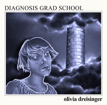 Digital drawing of Olivia staring up towards a tower, partially obscured by dark, ominous clouds.