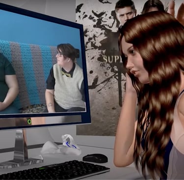 An animated film still of a CG woman looking at a computer screen of two people talking.