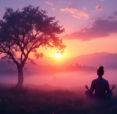 person meditating by a tree in the morning glow of sunrise