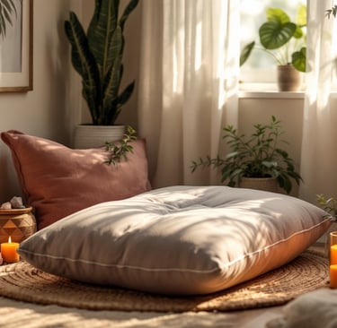 Cushions and a candle for a meditation space