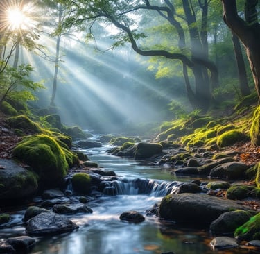 A misty magical forest with a stream
