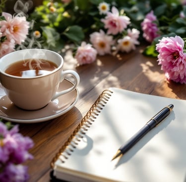 Acup of tea next to a journal