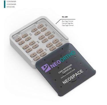 NeoOrtho Neospace cervical anterior cage surgical implant set in a labeled sterilization container.