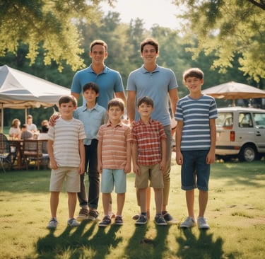 A family poses for a photo in front of a colorful stained glass background. The family consists of two adults and three children. The adults are dressed in formal attire, with the man adjusting his glasses and the woman holding a baby. The two older children are also in suits, looking attentively at the camera.