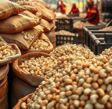 Women sorting whole cashew nuts on a conveyor belt in a Benin factory, showcasing skilled labor.