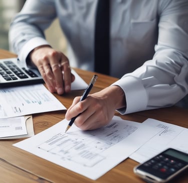 Three people are sitting around a conference table in a modern office. One person is wearing a red blazer and is speaking, while the other two listen and have open laptops in front of them. Papers with charts and graphs are scattered on the table. In the background, there are gray acoustic panels on the wall and a flip chart with colorful notes.
