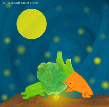 Papa Broccoli and Mama Carrot planting the star seed that will grow to be Baby Leek, story by The Rabbit's Secret Stories