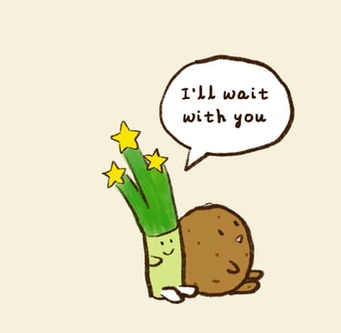 Baby leek waits with baby Potato when he waits for Baby Leek Goes to Nursery School to be published