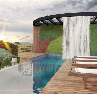 area da piscina com borda infinita de um empreendimento imobiliário