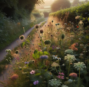 a path way with wild flowers and a path leading to a path