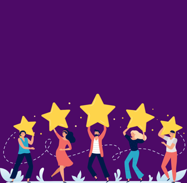 a group of people holding up five star - shaped stars