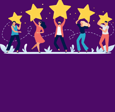 a group of people holding five star - shaped stars