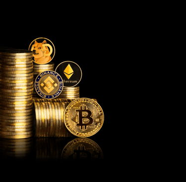 a stack of coins with a bitcoin coin on top of it