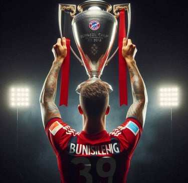 Who owns the german football? Illustration of a player holding the Bundesliga Cup.