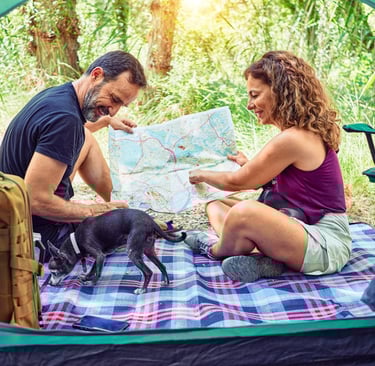 A happy couple camping with a dog