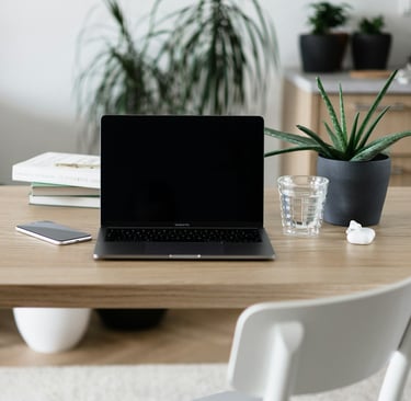 Laptop on a desk with a glass, plant and some books