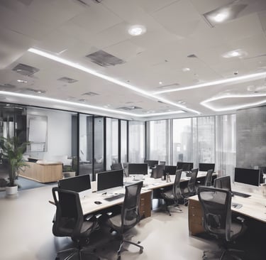 a large office with a desk and chairs