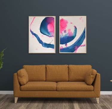  Peinture abstraite à l'Aquarelle et encre bleu et rose
