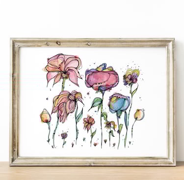 peinture à l'encre et aquarelle de fleurs surréalistes