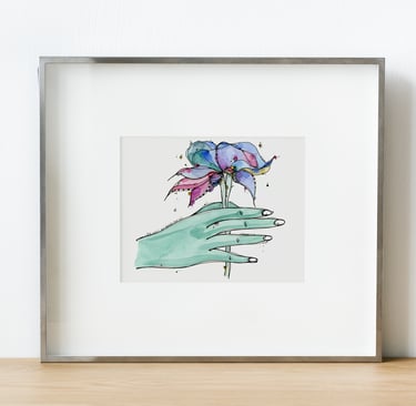illustration d'une main verte tenant une fleur surréaliste
