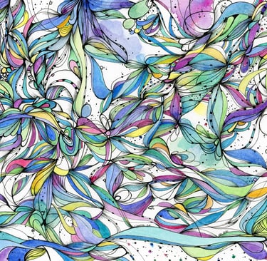 Aquarelle et encre abstraite dans les tons bleus verts et violets