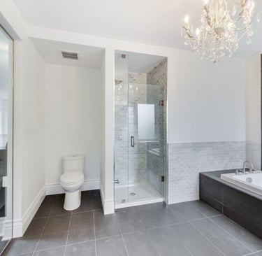 a bathroom with a chandelier