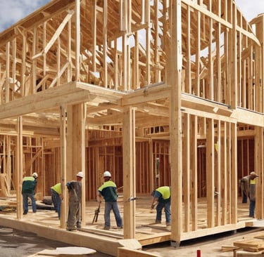 a group of men working around a house under construction