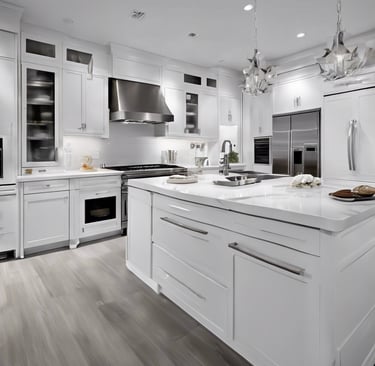 Newly renovated open-concept white kitchen in Toronto with modern lighting, white cabinets, and marble-style countertops.