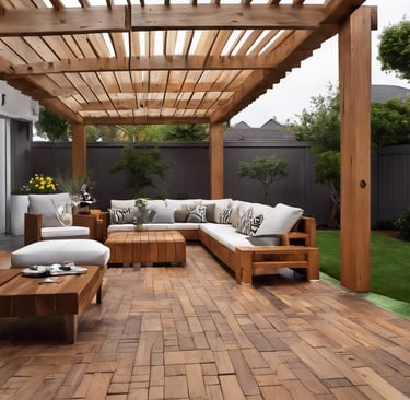 a patio with a couch and a wooden deck