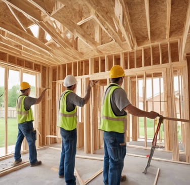 a group of construction workers working on a house