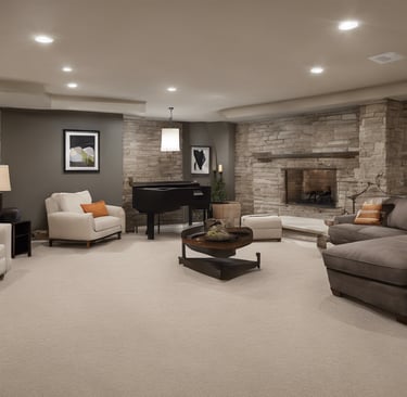a living room with a piano and a gas fireplace