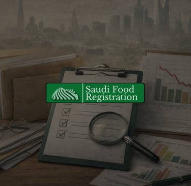 Saudi Food Registration image showing SFDA compliance framework with regulatory documents and approval review checklist