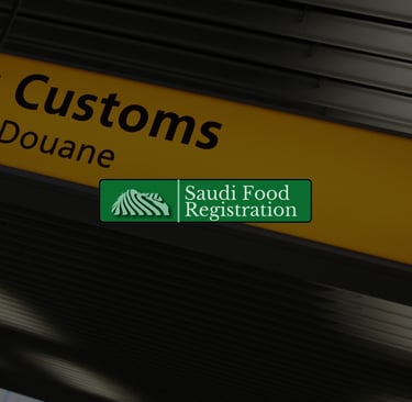 Yellow airport customs sign symbolizing KSA customs holds and border testing for SFDA-approved products.
