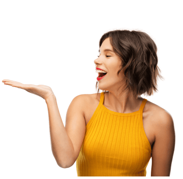 mujer alegre invitando a suscribirse a zugifts