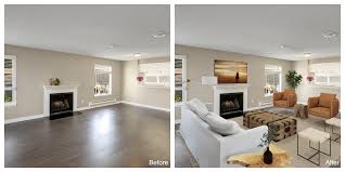 a before and after virtual staging of a living room with a fireplace and a couch