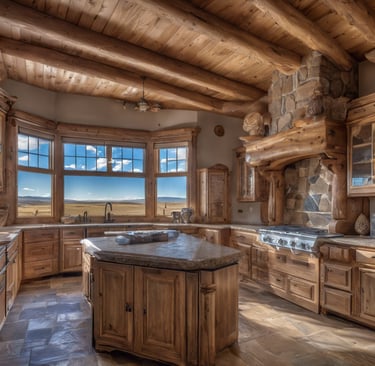 a kitchen with a large window and a large window